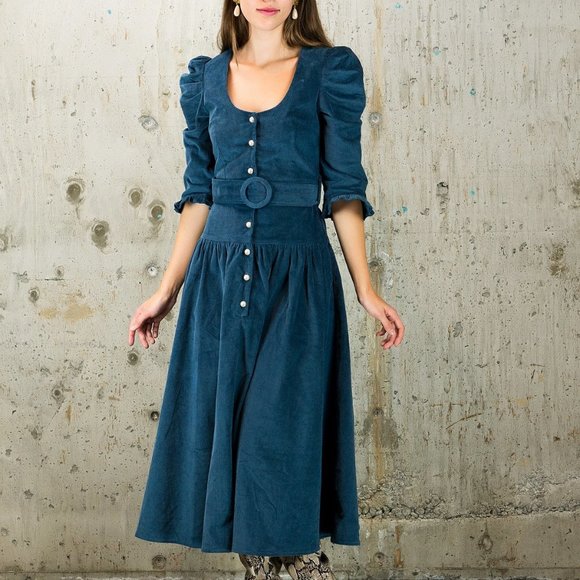 KRISTINIT corduroy midi dress XS/Small puff sleeve - Picture 1 of 8